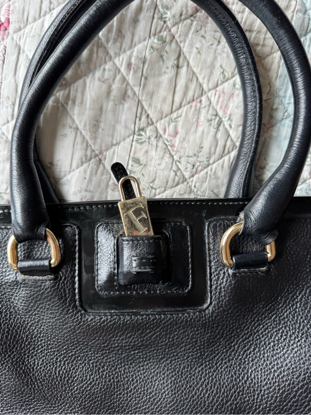 Furla Black Leather Tote Bag Gold Hardware Structured Satchel Purse - Picture 4 of 15